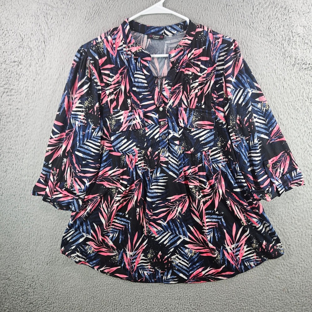 Cocomo Woman Tropical Palm Print Blouse Pink Blue Black 3/4 Sleeve Top L